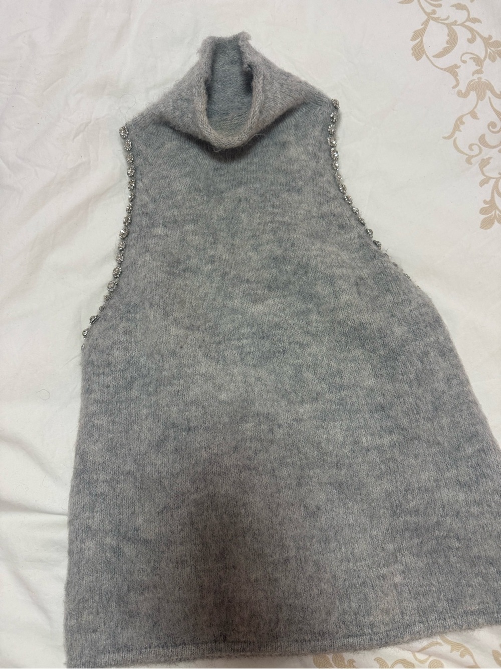 Zara Gray Sleeveless Turtleneck Knit Tank with Embellished Trim